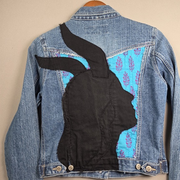 Squeeze Jackets & Blazers - Squeeze Stephen Hardy Reworked Blue Denim Jacket Custom Rabbit Patch Womens M